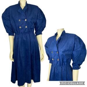 Vintage 80's Sansâge blue gold suede dress puffy sleeves double breasted size S